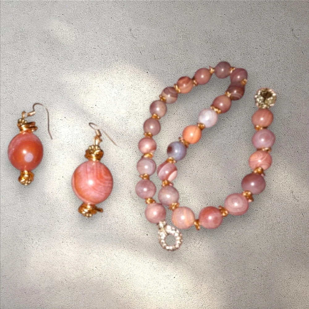 Banded agate set bead necklace pave crystal clasp matching gemstone earrings - Picture 1 of 16